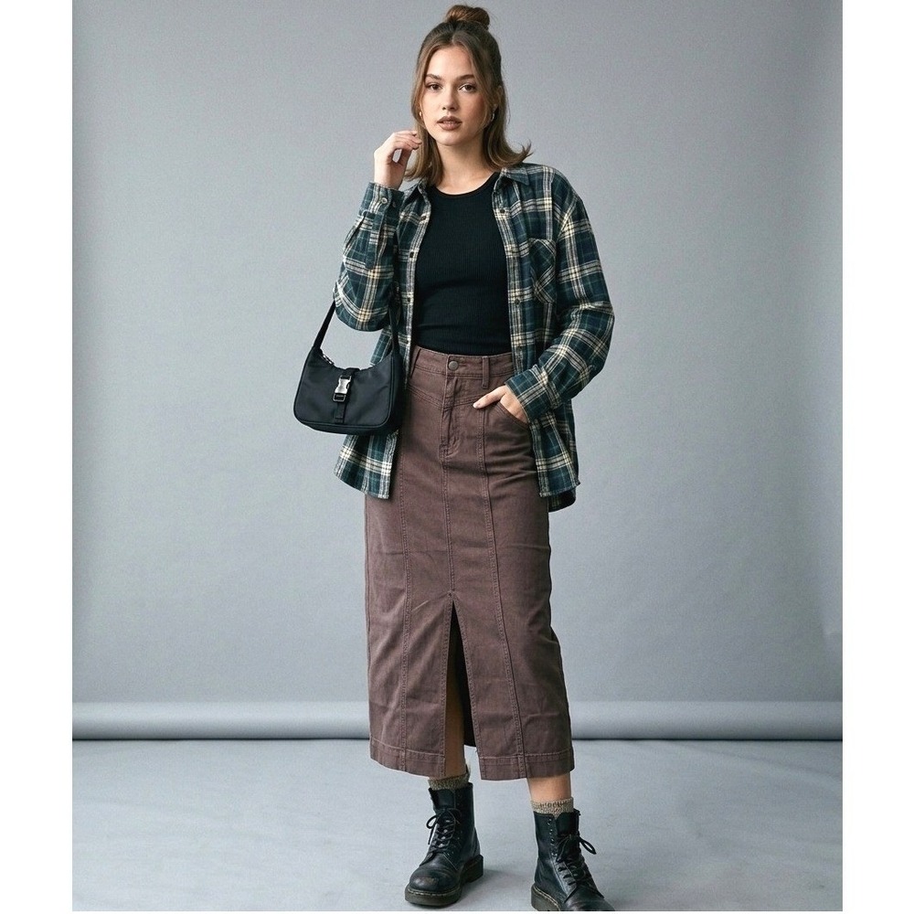 a.n.a A New Approach Brown Denim High Rise Midi Skirt Front Slit Size 6